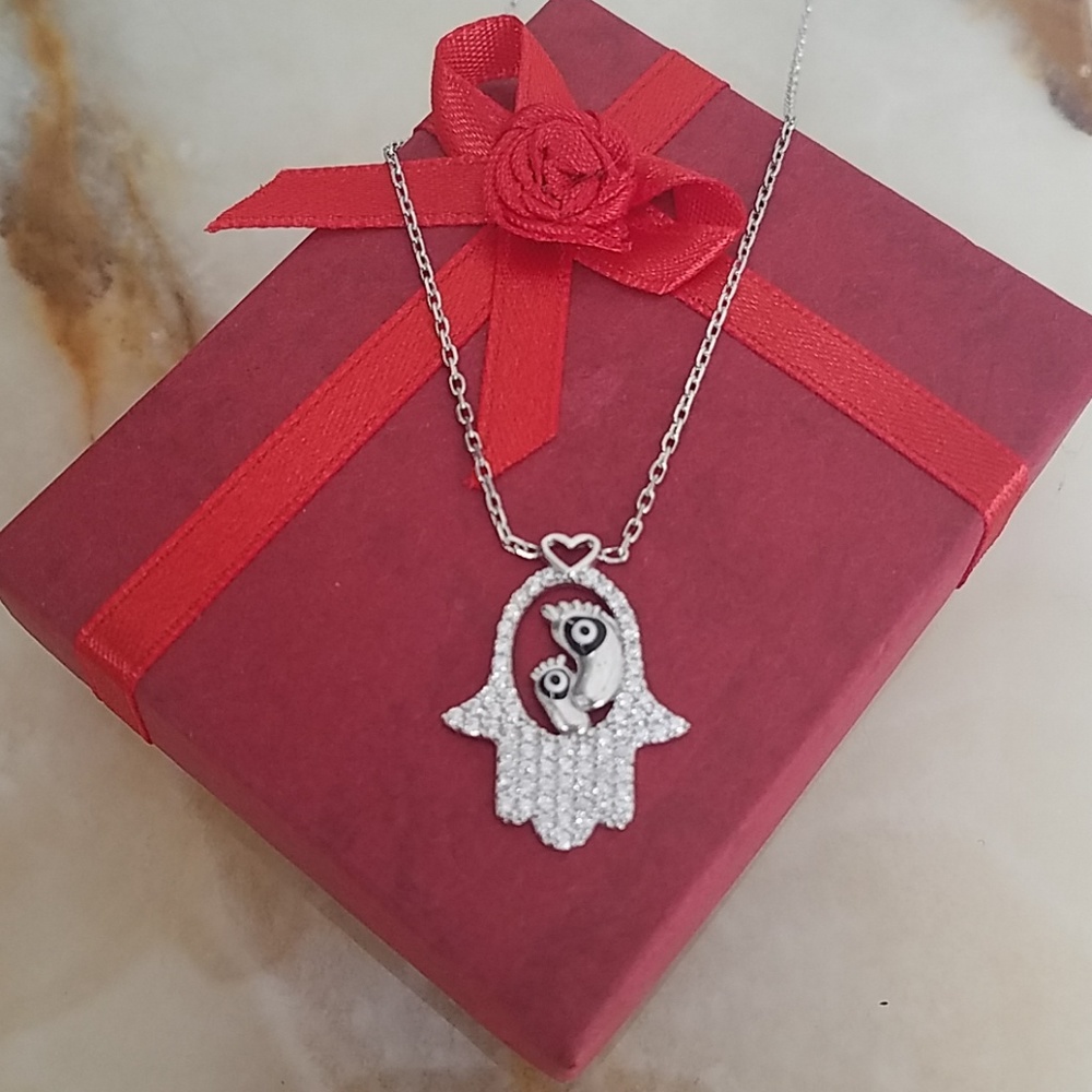 Hamsa Evil Eye Baby Feet Heart Necklace 16" 17"
